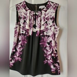 Calvin Klein Sleeveless Pleat Neck Orchid Printed on Black Cami -  Medium -  EUC